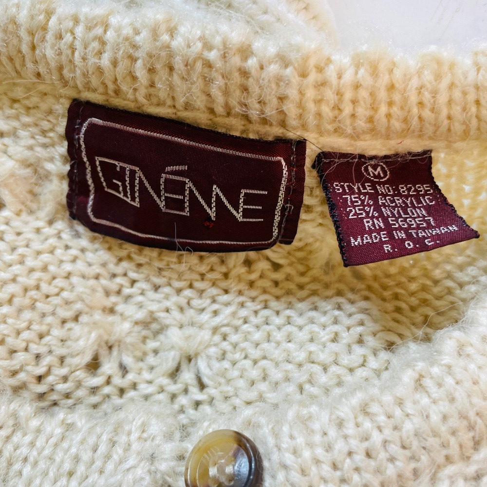 VTG Ginenne Cardigan Sweater Cable Knit Popcorn Stitch Women's M Cream Ivory - Picture 9 of 9